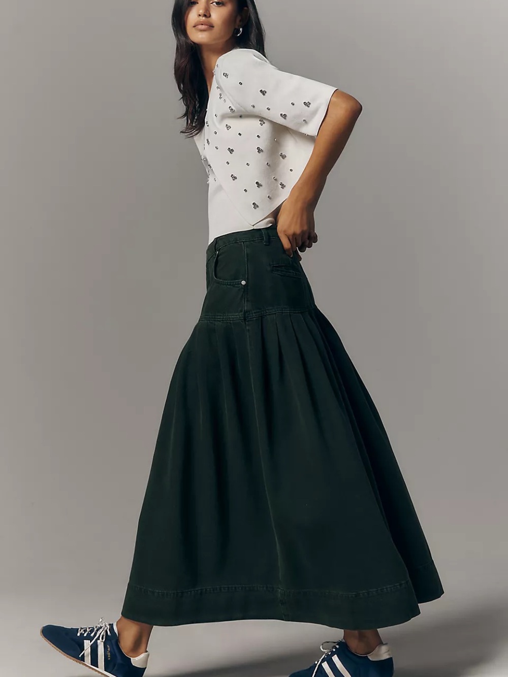 NWT Size 2 - Pilcro Pleated Basque-Waist Denim Midi Skirt Cotton Green (US$ 158)
